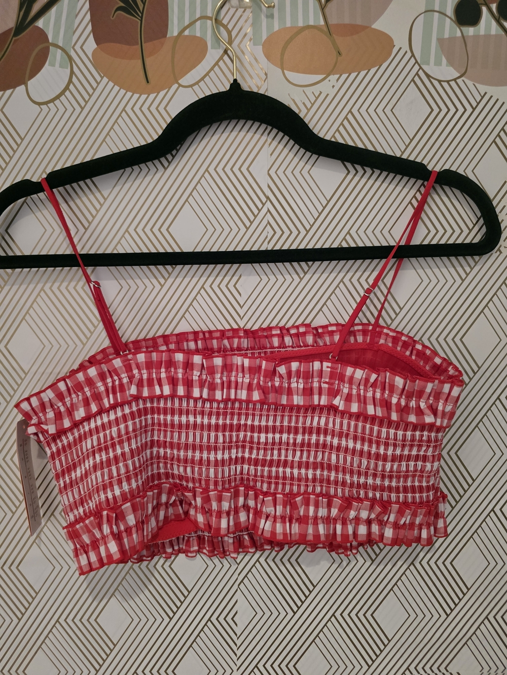 Colsie Women's Red Gingham Woven Bandeau Bralette/Smocked Crop Top - Picture 7 of 8